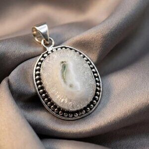 Solar Quartz Druzy Pendant Sterling Silver Stamped